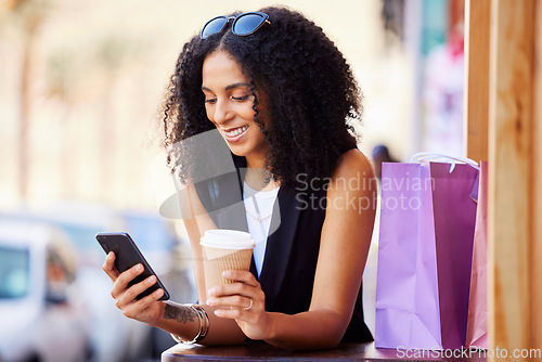 Image of Shopping bags, relax and phone with black woman with coffee for purchase, online deal and social media. Retail therapy, consumer and sales with girl customer buying in city for store and products