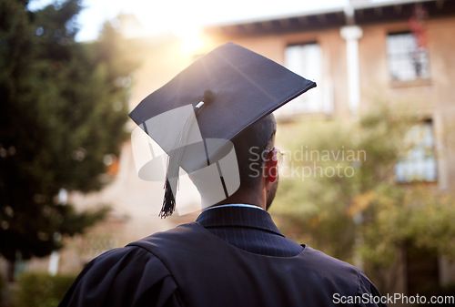 Image of Black man, graduation and ideas at university building, school and college with employment opportunity goal. Thinking student, graduate and hope in graduation cap, ceremony and education event