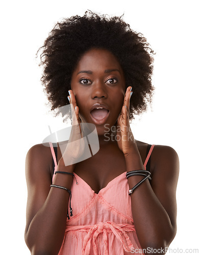 Image of Wow face, black woman and portrait in studio, isolated white background and crazy announcement. Model surprise at gossip, secret news and emoji for wtf notification, curious announcement and shocked