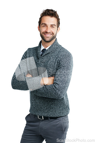 Image of Business man, happy portrait and smile for motivation for leadership and corporate success in studio. Male model with arms crossed isolated on a white background with vision, pride and power