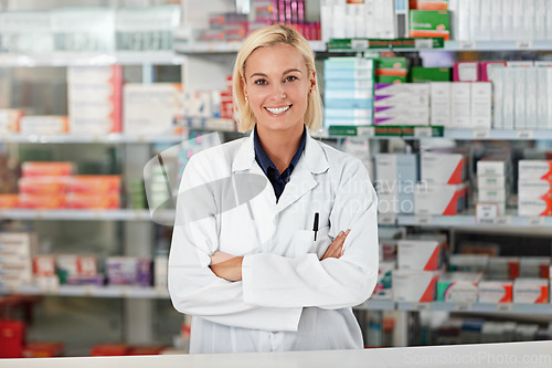 Image of Doctor, pharmacy worker and happy portrait ready for medical support, wellness industry and standing pharmaceutical drug store. Woman, nurse smile and healthcare medicine or pharmacist headshot