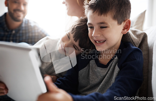 Image of Laughing kids, bonding or tablet for movies streaming, esports or social media on house or family home living room. Smile, happy or fun brother on digital technology, children learning or team gaming