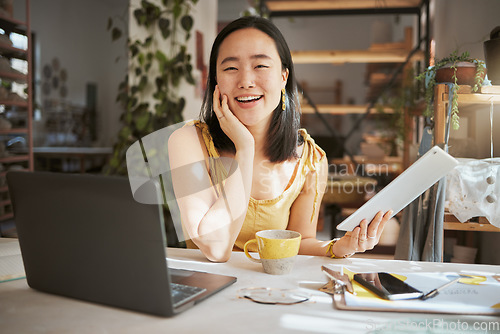 Image of Happy, research and tablet with portrait of asian woman in startup for management, planning and strategy. Idea, vision and creative with small business owner for branding, agenda and web design