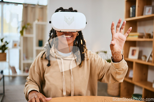 Image of Virtual reality, vr metaverse and black woman touch cyber ui dashboard, augmented reality or future ai. Digital transformation, futuristic software study or creative student working with ar headset