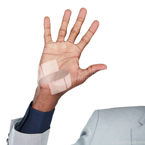 Image of Business man, hand and high five sign of a corporate worker with hands zoom. Isolated, white background and palm of a black person entrepreneur with sign language and number countdown in studio