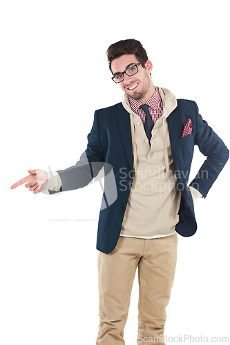 Image of Man, portrait and nerd pointing with happiness and smile in isolated white background. Happy, geek and young person with casual business style smiling with hand point in a studio feeling positive