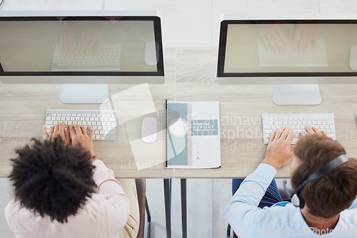 Image of Telemarketing, contact us or employees in a call center consulting, talking or speaking of financial loan services. Computer screen, top view or sales people networking at customer support help desk