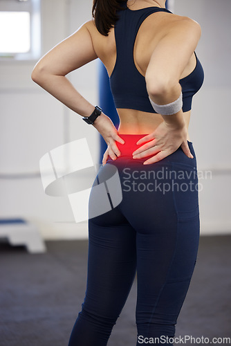 Image of Back pain, red and woman for fitness massage at gym in a running, exercise or workout injury with anatomy, wellness and medical risk. Healthcare, cardio and training pain of woman with sports burnout