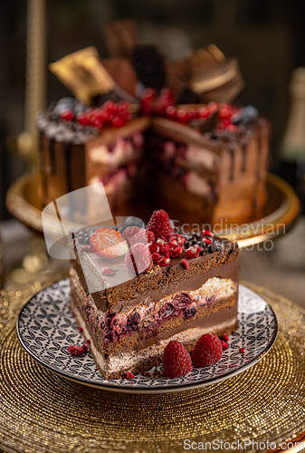 Image of Piece of rustic chocolate cake