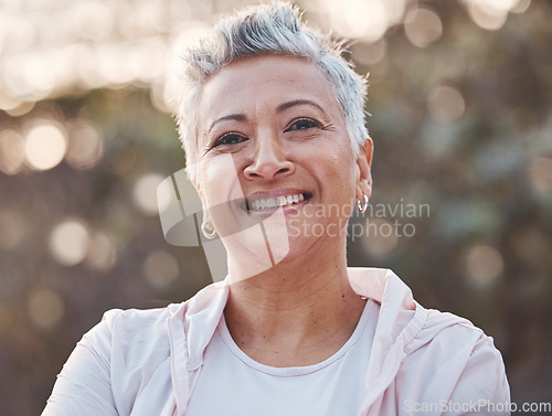 Image of Nature, smile and happy senior woman outdoor for freedom, happiness and a healthy lifestyle with fitness and fresh air. Portrait of black female at park for peace, health and wellness in summer