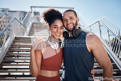 Image of Happy, fitness and portrait of a couple in the city, training support and workout smile in Spain. Cardio love, happiness and athlete man and woman with affection during running outdoor exercise