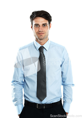 Image of Portrait, leader and businessman in studio with vision for future while standing on white background. Face, handsome and young entrepreneur motivated by startup goal, idea and career while isolated