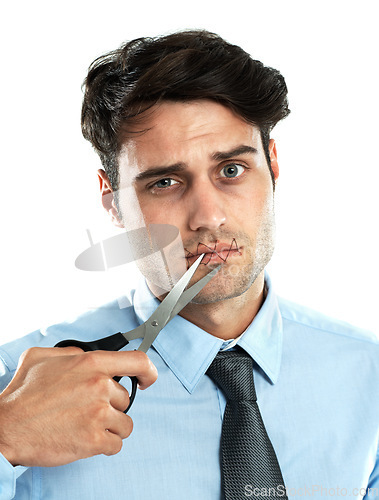 Image of Portrait, scissors and thread on the lips of a man in studio isolated on a white background cutting for freedom of speech. Communication, silent and sealed with a handsome young male on blank space