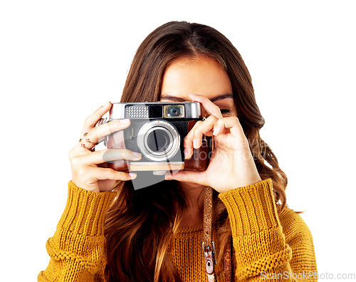 Image of Photography woman, holding camera and studio for creativity, photoshoot or blog content by white background. Isolated photographer, creative and retro tech for photo, picture or art for artist career