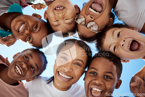 Image of Woman, children and circle of face with blue sky for community, trust and support outdoors together. Family, adoption and portrait of mother with interracial kids with smile, relaxing and happiness