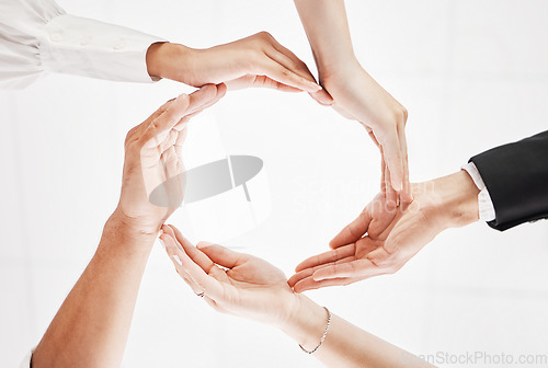 Image of Teamwork, circle and synergy hands isolated in collaboration, workflow and group in team building below. Integration, formation and support, cooperation or community hand sign on a white background