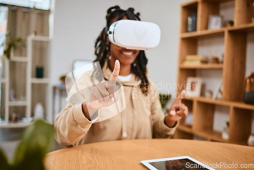Image of Virtual reality, vr metaverse and black woman pointing at cyber dashboard, augmented reality or future ai. Digital transformation, futuristic software study and creative student working with headset