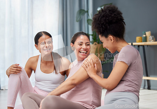 Image of Pregnant, yoga class or women laughing to relax after exercise, group training or fitness workout together. Pregnancy, bonding or healthy friends with a happy smile speaking of crazy or funny gossip