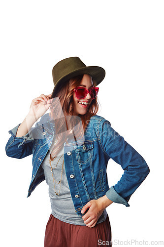 Image of Fashion, style and woman in a studio with a casual, stylish and funky outfit with accessories. Happiness, smile and female model with hat, sunglasses and edgy clothes isolated by a white background.