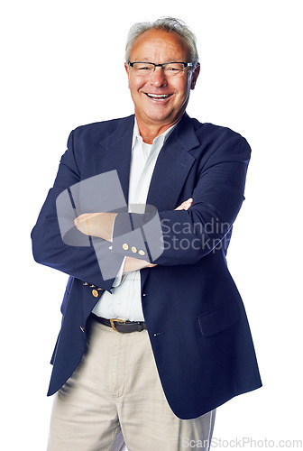 Image of Management, leadership and smile with portrait of businessman for marketing, confident or vision. Professional, executive or manager with isolated ceo for mindset, career or goal in white background