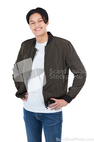 Image of Happy, stylish and portrait of an Asian man smiling isolated on a white background in a studio. Fashionable, smile and pose of a young attractive Japanese model with confidence on a backdrop