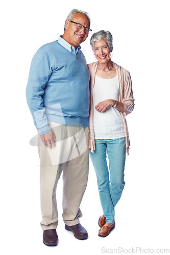 Image of Senior couple, marriage and love, retirement together in portrait and commitment isolated on white background. Happy people in studio, trust and life partnership, relationship with old man and woman