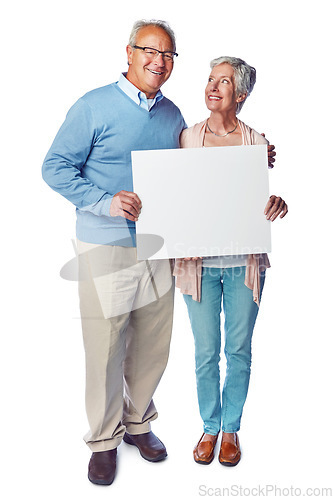 Image of Mock up poster portrait, elderly and couple with marketing placard, advertising banner or product placement. Studio mockup, billboard promotion sign or happy sales people isolated on white background