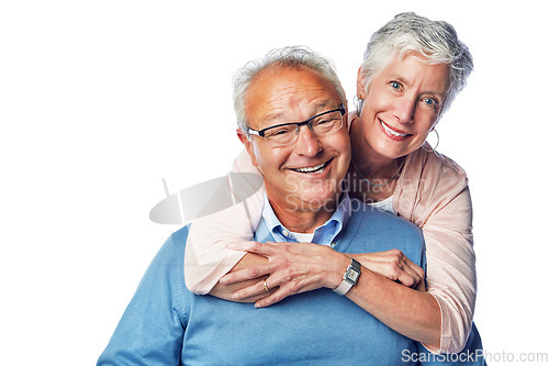 Image of Portrait, love and senior couple hug in studio, smile and happy together against white background. Relax, face and elderly man with woman embrace, holding and enjoy retirement, bond and isolated