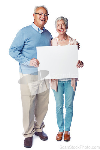 Image of Poster, portrait mockup and senior couple with marketing placard, advertising banner or product placement. Studio mock up, billboard promotion sign and happy sales people isolated on white background
