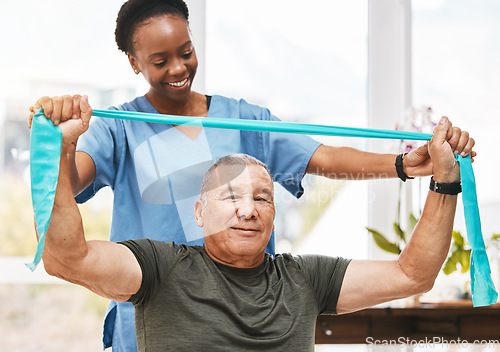 Image of Physiotherapy support, stretching band and nurse with senior man for physical therapy, rehabilitation and healthcare help. Black woman chiropractor or physiotherapy doctor consulting elderly patient