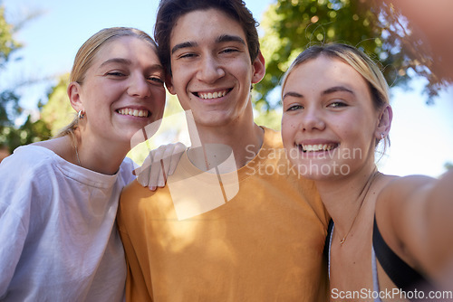 Image of Selfie, park and portrait of friends in summer enjoying holiday, vacation and weekend in nature. Freedom, happy lifestyle and group taking photo outdoors together for relaxing, adventure and carefree