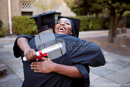 Image of Education, students and hug for graduation, celebration and happiness outdoor, smile and success. Knowledge, man and woman with achievement, degree and embrace for university completion and diploma