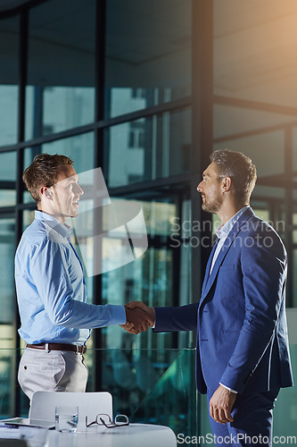 Image of Handshake, partnership and business man with b2b interview, welcome and ceo success or deal. Business meeting, shaking hands and corporate manager thank you, introduction and agreement in an office