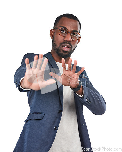 Image of Shock, stop and portrait of a black man in a studio with a scared, fear and terrified face expression. Upset, mad and African male model with a defensive hand gesture isolated by a white background.