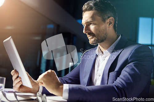 Image of Technology, bright office and businessman with tablet reading online crypto wallet data. Financial trading, cryptocurrency and investment, thinking man and digital market research analytics on web.