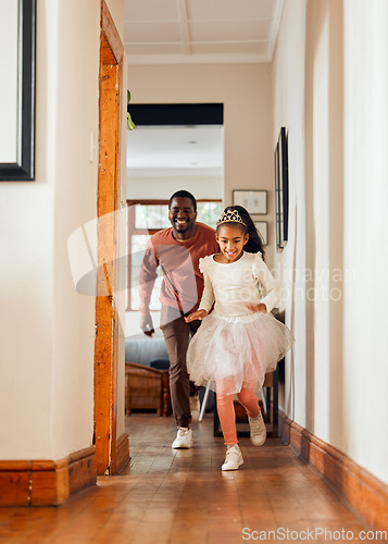 Image of Family, father and daughter running in a house, smile and happy while playing game together. Princess, girl and parent having fun in home, ballerina and crazy indoors with happiness, bond and joy