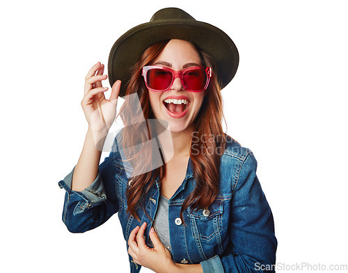 Image of Stylish woman, fashion and sunglasses with hat, smile or excited face against white studio background. Portrait of a isolated fashionable female smiling in happiness for summer style with glasses