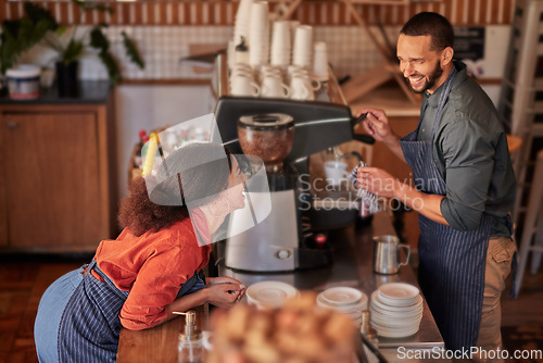 Image of Coffee, cafe and barista couple laughing at funny meme, joke or comedy. Small business owners, waiters and diversity of happy man and woman working in restaurant while talking or comic conversation.