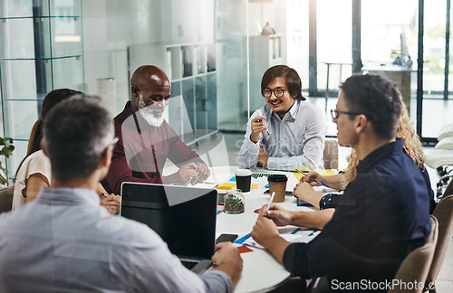 Image of Meeting, business and team in discussion in the office planning a corporate strategy together. Diversity, teamwork and professional employees working in collaboration on a project in the workplace.