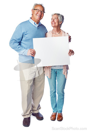 Image of Poster, portrait mock up and senior happy couple with marketing placard, advertising banner or product placement. Studio mockup, billboard promotion sign and sales people isolated on white background