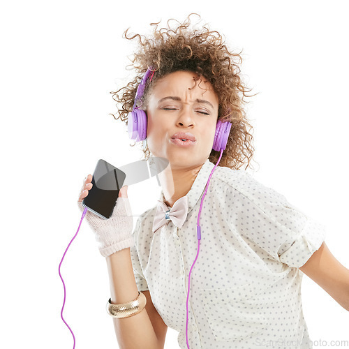 Image of Dance, phone and woman listening to music, mobile radio and web song singing. White background, black woman sing and happiness of isolated model streaming a podcast with headphones and audio