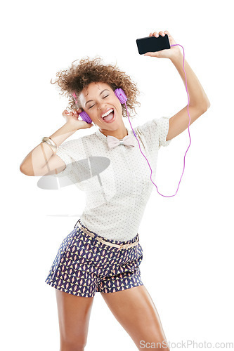 Image of Phone music, dance singer and black woman listening to song, audio podcast or radio sound for energy, relief or fun. Studio singing, dancer girl or retro dancing student isolated on white background