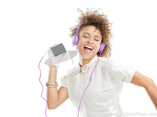 Image of Dance, happy and black woman sing phone music, phone radio and online audio with freedom. White background, woman and happiness of isolated person streaming a dancing track with headphones and mobile