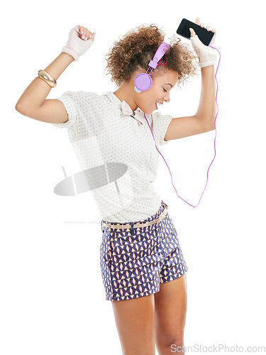 Image of Phone music, dance and black woman listening to song singer, audio podcast or radio sound for energy, relief or fun. Studio profile, dancer girl or retro dancing student isolated on white background