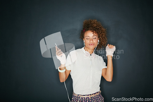 Image of Phone, dance music and mock up black woman listening to music, audio podcast or radio sound for energy, relief or fun. Studio mockup, dancing girl and retro student isolated on dark background