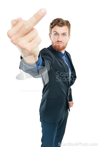 Image of Angry, rude and portrait of a businessman with a middle finger isolated on a white background. Stressed, frustrated and employee with an offensive hand sign and body language on a studio backdrop