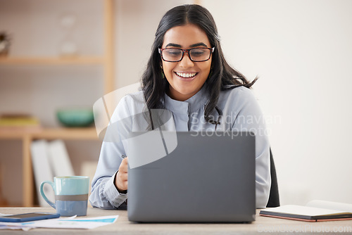 Image of Email, research and business woman with a laptop for a website, internet networking and reading information. Planning, corporate connection and worker with a smile for online feedback on a computer