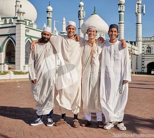 Image of Happy, hajj and Muslim men at a mosque to pray, ramadan faith and group in Mekka together. Smile, religion and portrait of Islamic friends on a pilgrimage to the holy city for spiritual journey