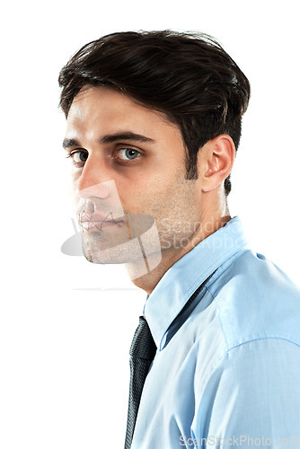 Image of Mental health, silence and censored man, victim of abuse or bullying at work isolated on white background. Censorship, depression and mute businessman scared and sad with lips stitched shut in studio