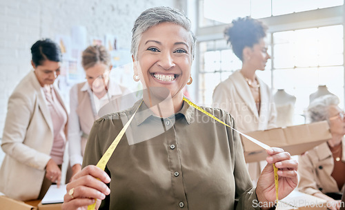 Image of Happy tailor portrait, delivery and people teamwork on package box, stock product or commercial distribution. Logistics industry manager, courier shipping or senior woman in retail store supply chain